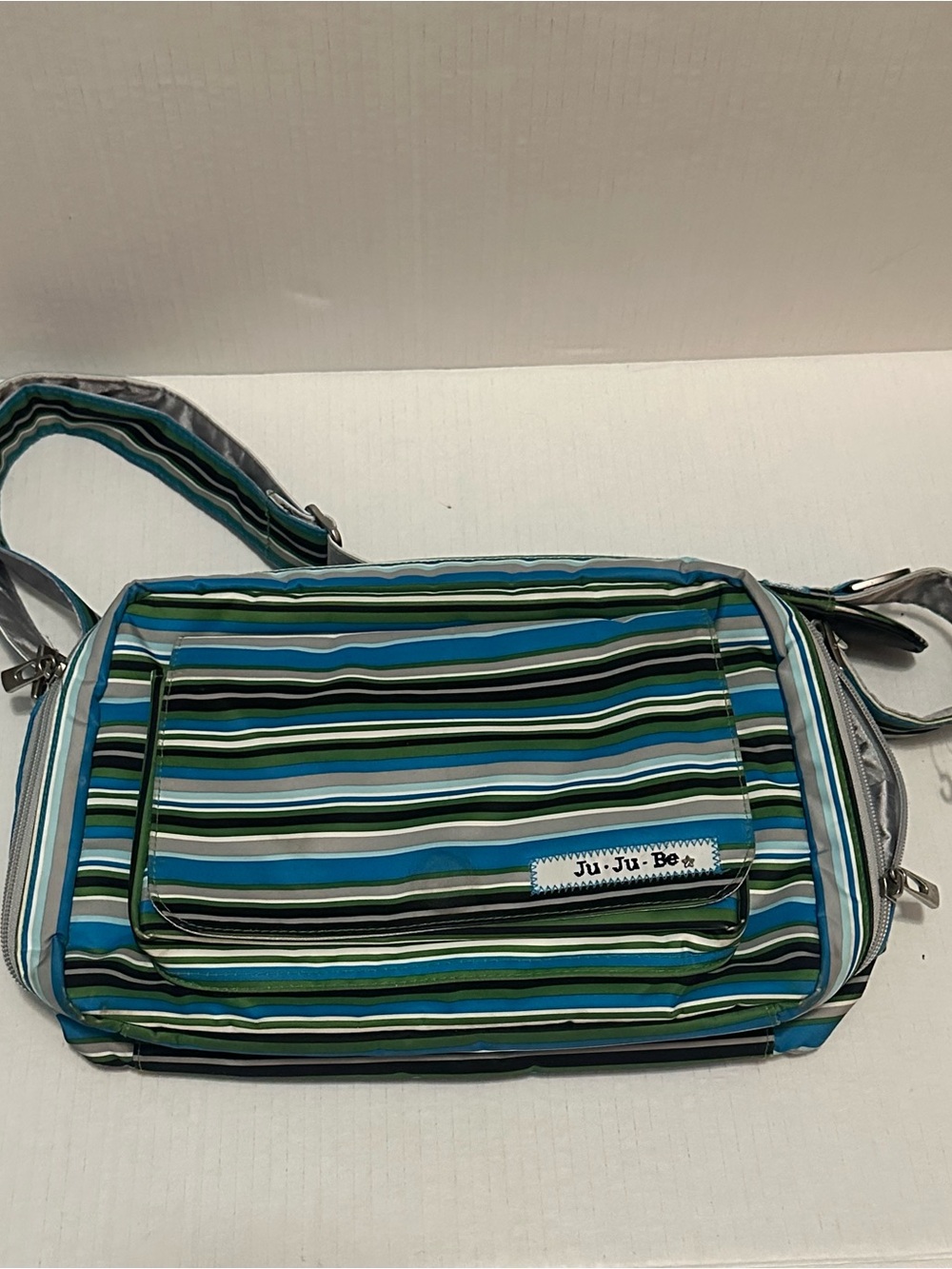Ju-Ju-Be Diaper Bag Blue Green Stripe Messenger Crossbody Changing Pad